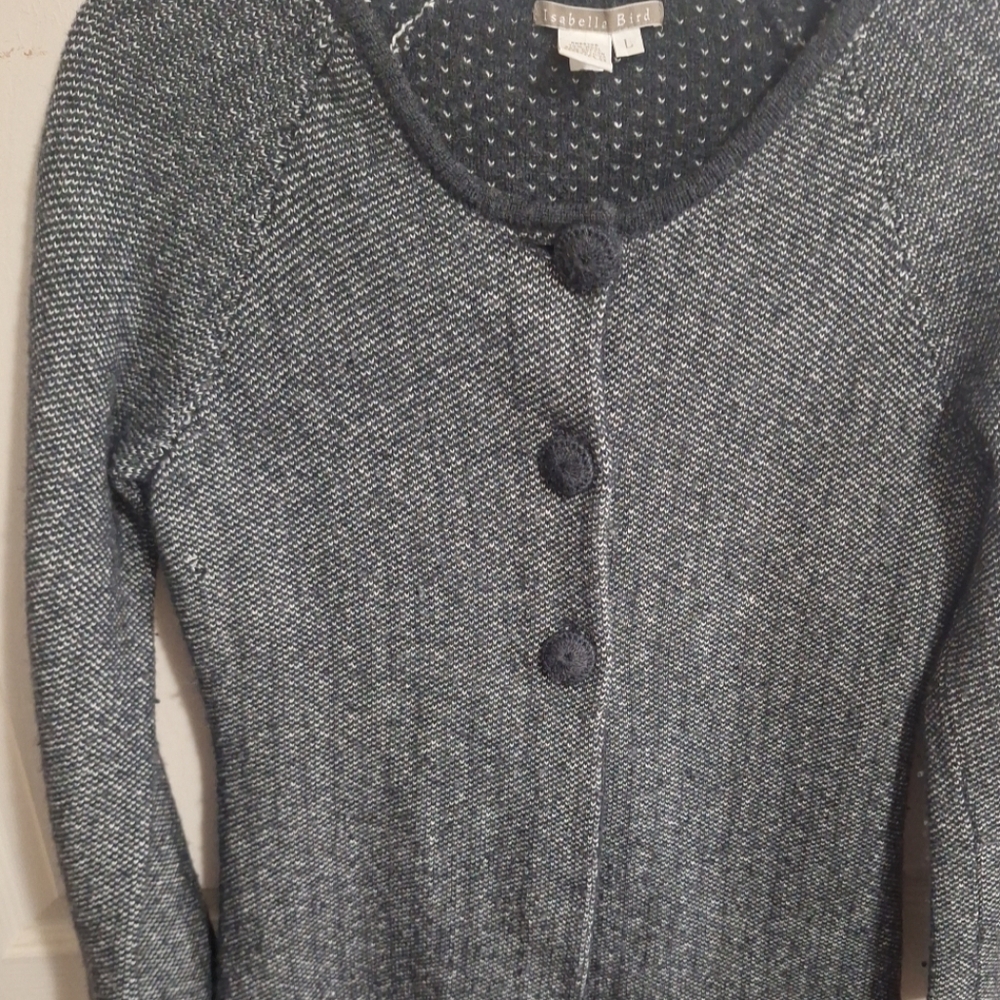 Vintage Isabella Bird Herringbone Knit Cardigan Sweater - L - Gray - Picture 6 of 7